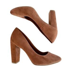 Fioni Stacked Heel 7 Cognac Tan round toe high shoe brown faux suede comfort